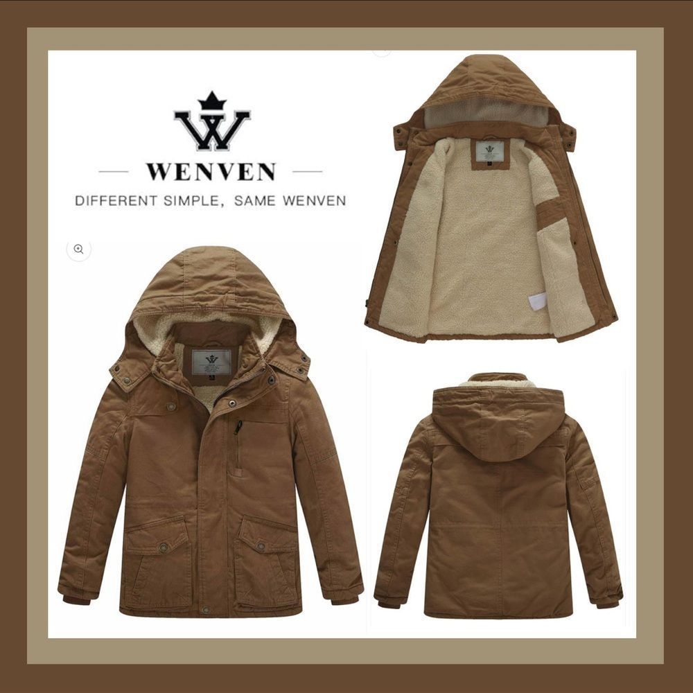 NWT Wenven Winter Cotton Thicken Sherpa Lined Hooded Work Jacket in Brown Size M